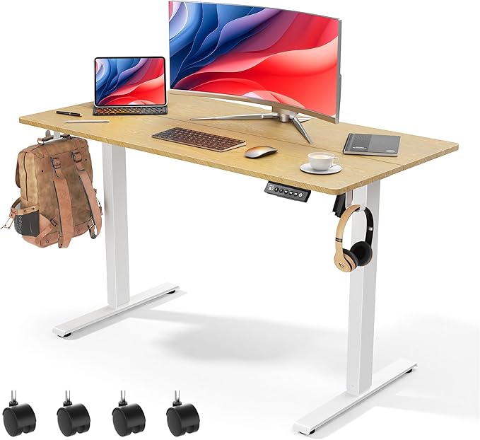 48 x 24 inch Electric Standing Desk Adjustable Height with 4 Wheels, 4 Memory Height Settings, 2 Headphone Hook, Home Office Desk, Splice Board Oak