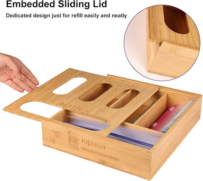 LOPASA Baggie Organizer for Drawer Compatible with Ziplock Food Storage Bag, Sandwich Bag Organization for Kitchen Drawer, Plastic Baggie Storage Box for Pantry(Bamboo)