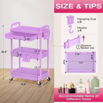 Goovilla Rolling Makeup Organizer Cart with Removable Drawer, 3 Tier Stable Purple Floor Skincare Storage Cart for Vanity, Cosmetic Display, Nail Polish, Perfume, Hair Stuff, Beauty, Bathroom(Plastic)