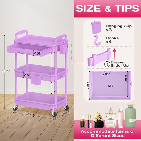 Goovilla Rolling Makeup Organizer Cart with Removable Drawer, 3 Tier Stable Purple Floor Skincare Storage Cart for Vanity, Cosmetic Display, Nail Polish, Perfume, Hair Stuff, Beauty, Bathroom(Plastic)