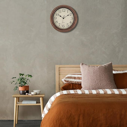 Foxtop Vintage Copper Wall Clock 12 Inch Silent Non Ticking Battery Operated Quartz Round Retro Wall Clock Decorative for Kitchen Bedroom Living Room Office Classroom