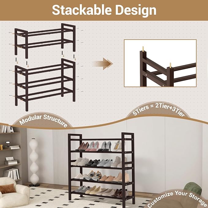 Haddockway Bamboo Shoe Rack for Closet, Free Standing Shoe Organizer with Smooth Round Rods & Convenient Handles, Stackable Shoe Storage Shelf for Entryway, Hallway(Brown, 5-Tier)