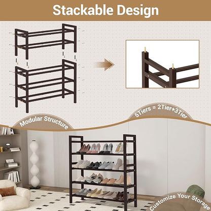 Haddockway Bamboo Shoe Rack for Closet, Free Standing Shoe Organizer with Smooth Round Rods & Convenient Handles, Stackable Shoe Storage Shelf for Entryway, Hallway(Brown, 5-Tier)