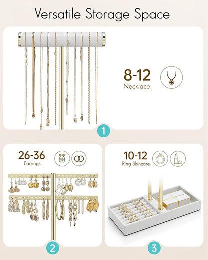 Vlando 2 Tier Necklace Holder Organizer with Tray, Leather Bracelet Holder Display for Women, Gold Jewelry Holder Stand for Bracelet, Necklace, Earrings, Rings - White