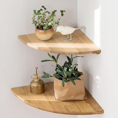 Conamily Corner Shelves, Floating Corner Shelf, Set of 2 10inch Solid Oak Wood Corner Wall Shelves, Round End Wall Mount Display Shelf with Wire Hole for Bedroom Kitchen, Living Room