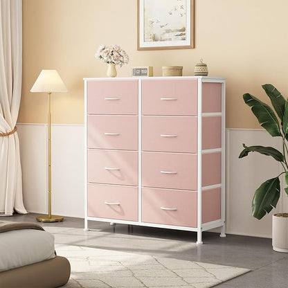 Sweetcrispy 8 Drawer Fabric Dresser for Bedroom, Tall Double Dresser Chest of Drawers with Sturdy Steel Frame and Wooden Top, Closet Living Room Storage Organizer with Easy Pull Handles,Pink