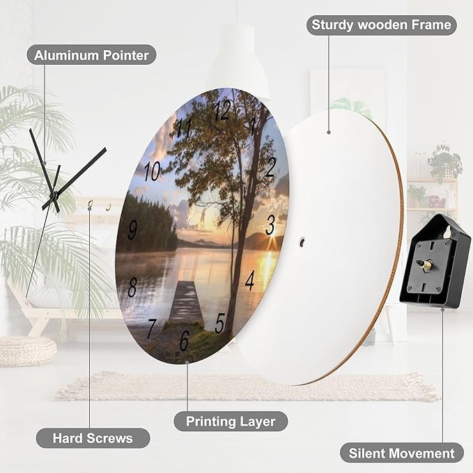 Scenic Nature Wood Wall Clock, Natural Lake Landscape Tree Woodland Beautiful Scenery 12 Inch Silent Non-Ticking Battery Operated Round Clock for Bedroom Living Room Office Kitchen Decor