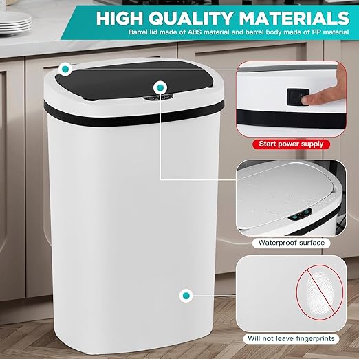 PayLessHere | 13 Gallon Plastic Trash Can | White | Automatic Touchless Lid with Motion Sensor | Kitchen Garbage Can with Waterproof Design | for Home, Office, Bathroom | Pack of 3