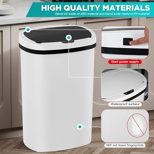 PayLessHere | 13 Gallon Plastic Trash Can | White | Automatic Touchless Lid with Motion Sensor | Kitchen Garbage Can with Waterproof Design | for Home, Office, Bathroom | Pack of 1