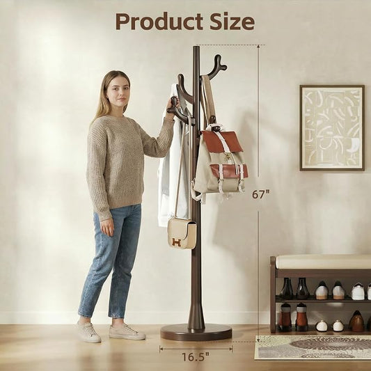 Uniclinens Coat Rack Freestanding Solid Wood Coat Tree Standing with 4 Hooks, Coat Rack Stand Creative Tree Branch-look (Dark Walnut)