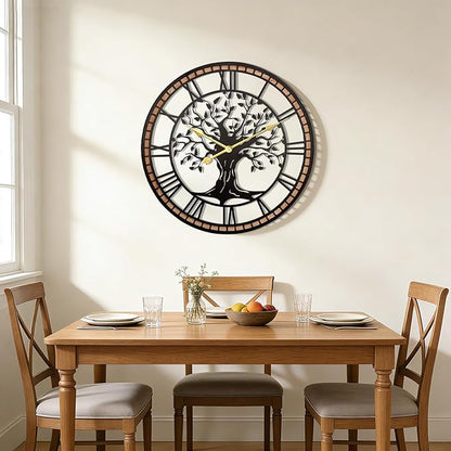 Axioglo Wall Clock,24" Large Wall Clock for Living Room Decor,Tree of Life and Wooden Frame Design,Non-Ticking Battery Operated,for Dining Room,Bedroom,Kitchen,Office Arabic Decoration