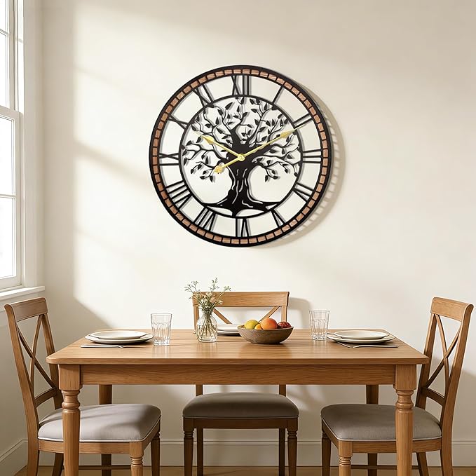 Wall Clock,20" Large Wall Clock for Living Room Decor,Tree of Life and Wooden Frame Design,Non-Ticking Battery Operated,for Dining Room,Bedroom,Kitchen,Office Arabic Decoration
