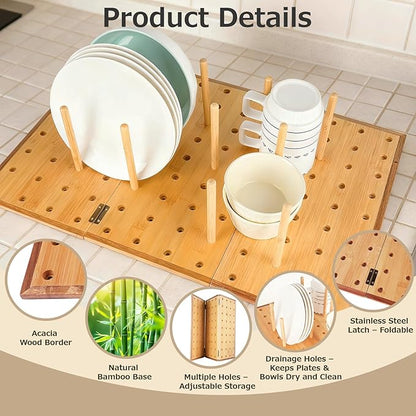 Foldable Pegboard Organizer for Kitchen – Bamboo Base & Acacia Wood Edge Dish Rack for Kitchen Countertop, and Drawer, 24 Pegs, 23.6" x 15.7"