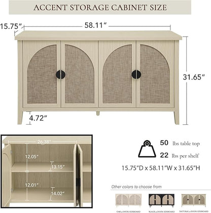 Sideboard Buffet Cabinet, 4-Door Rattan Storage Cabinet, Coffee Bar with Adjustable Shelf, Accent Furniture for Living Room, Dining Room, Home Office, Natural