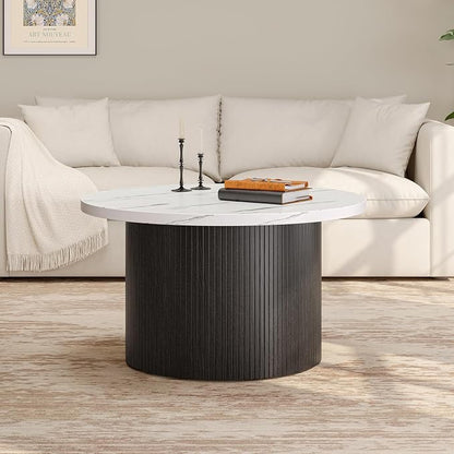 ONBRILL 31.5" Round Coffee Table, Tambour Design Coffee Tables for Living Room, Mid Century Modern Wood Coffee Table, Drum Accent Small Center Table, Marble Texture