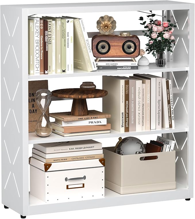METALOONG Book Shelf, 3-Tier Steel Bookcase Adjustable with Anti-Tip Device & Leveling Feet, Heavy-Duty Metal Storage Organizer, Modern Corner Shelves for Kitchen, Garage, Home Office - White