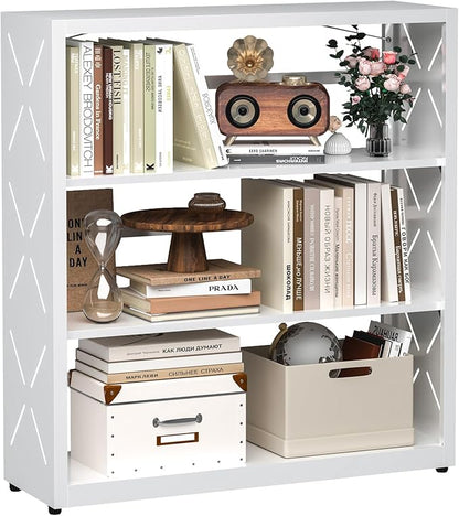 METALOONG Book Shelf, 3-Tier Steel Bookcase Adjustable with Anti-Tip Device & Leveling Feet, Heavy-Duty Metal Storage Organizer, Modern Corner Shelves for Kitchen, Garage, Home Office - White