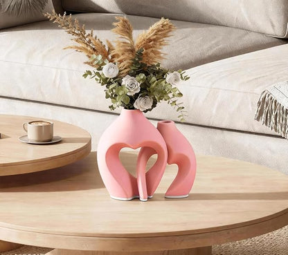 Pink Heart Shaped Ceramic Vases Set of 2, Modern Nordic Minimalist Flower Vases for Home Decor, Hollow Aesthetic Vases for Living Room, Shelf, Table, Office and Wedding Centerpieces