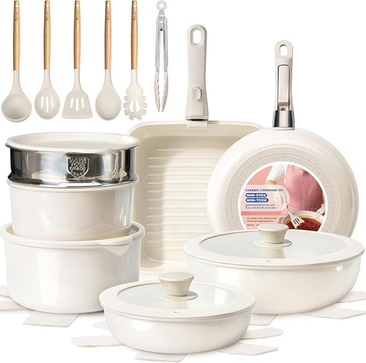 KIKCOIN Ceramic Cookware Set Non Stick Pots and Pans Set Detachable Handle - 25 Pack Stackable Cooking Set for RV Kitchen - Induction Ready - Dishwasher and Oven Safe