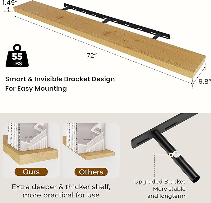 Dreamland 72 Inches Floating Shelves for Wall, 9.8" Deep Long Floating Shelves Set of 1, Large Display & Storage Shelf, Wall Shelf for Bathroom Bedroom Living Room Kitchen Office, Oak