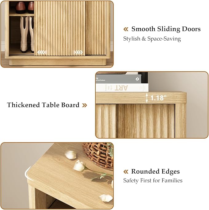 Fluted Shoe Cabinet with Sliding Door Set of 2, 6-Tier Large Hidden Storage Organizer Modern Shoe Rack with Adjustable Shelves, Mid Century Freestanding Wooden Shoe Storage Cabinet for Entryway,Oak