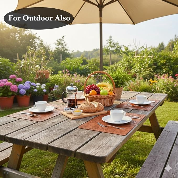 SolaraDawn Faux Leather Table Placemats Set of 6, Washable, Wipeable & Heat-Resistant Table Mats, Waterproof Dining Place Mats with Embossed Texture for Kitchen & Dining, Caramel Brown, 17" × 12"