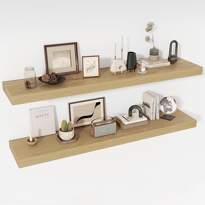 Acovy 55 Inch Floating Shelves, 12" Deep Floating Shelf Wall Mounted, 55" Wall Shelves, Rustic Deep Bookshelf, Extra Deeper & Thicker Display Shelves for Bedroom, Living Room, Oak, Set of 2