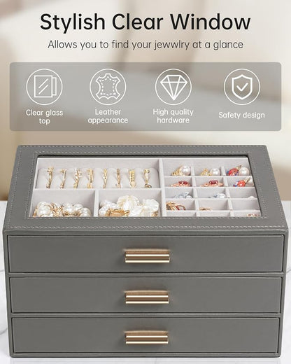 AKOZLIN Jewelry Box with Clear Lid Functional Leather Jewelry Storage Organizer Case 3 Drawers for Women Girls Necklace Ring Bracelet Earring