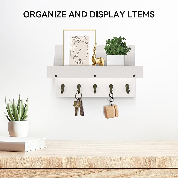 Key Holder for Wall, House Decor Mail Organizer Wall Mounted with Shelf & 5 Hooks for Hanging Dog Leash, Sunglasses, Hats, Rustic Key Rack Apartment Eseentials Wooden Key Hanger