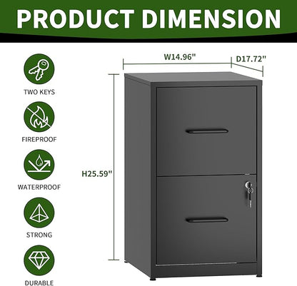 2 Drawer File Cabinet with Lock, Steel Vertical Filing Cabinets for Home Office, Small Metal Storage Cabinet for Hanging Letter Size Files Folders, Assembly Required(Black)