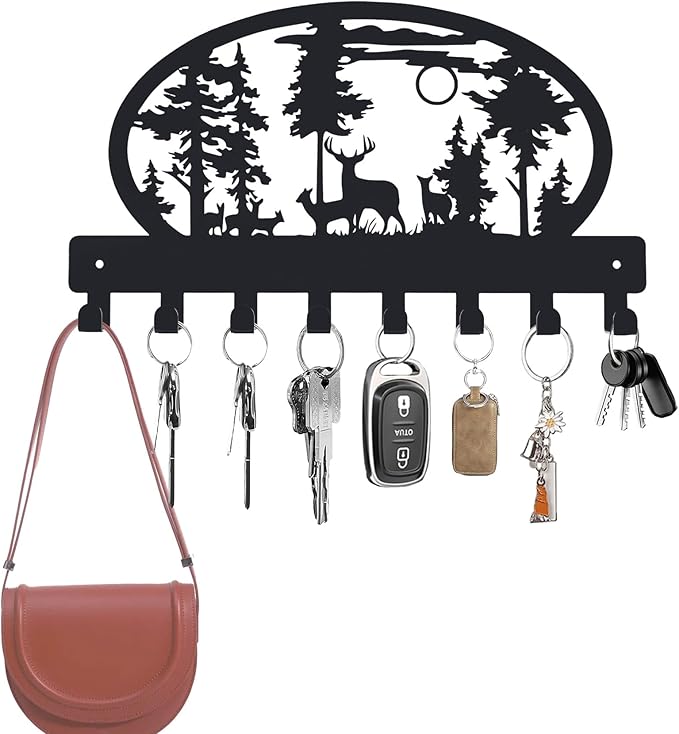 Black Key Hooks Holder for Wall Mounted with 8 Hooks, Metal Deer Cabin Key Hanger Rack Wall Decorative for Home, with Mounting Hardware, Dog Leash Holder, Entryway, Hallway, Office Ready to Hang