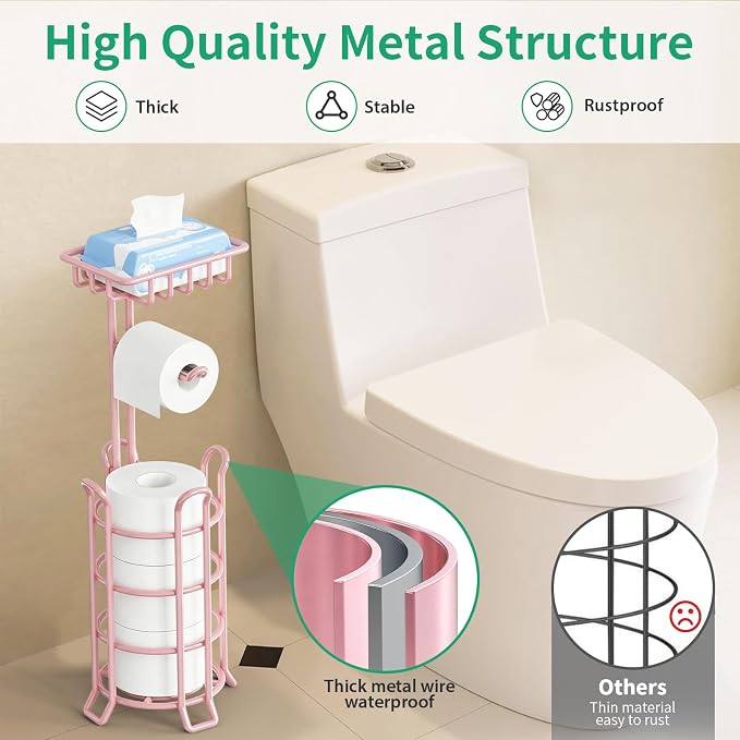 TomCare Toilet Paper Holder Stand with Storage Shelf Tissue Paper Roll Dispenser Free Standing 4 Raised Feet Toilet Paper Storage Metal Bathroom Organizers and Storage, Pink