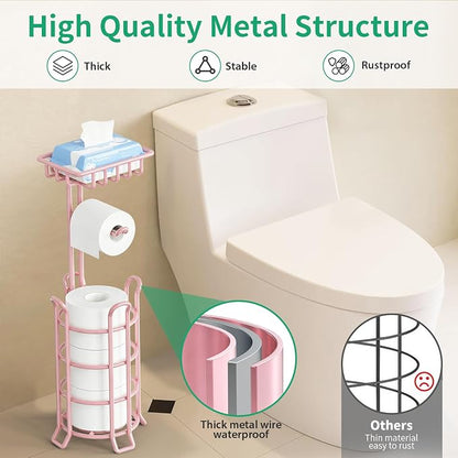 TomCare Toilet Paper Holder Stand with Storage Shelf Tissue Paper Roll Dispenser Free Standing 4 Raised Feet Toilet Paper Storage Metal Bathroom Organizers and Storage, Pink