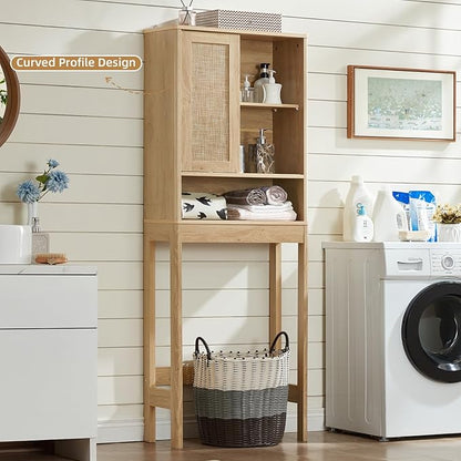 LEYAOYAO Over The Toilet Storage Cabinet with Rattan Sliding Door, 68" Tall Wood Above Toilet Bathroom Organizer w/Adjustable Shelf & Curved Profile, Space Saver Freestanding Washer Shelf, Natural