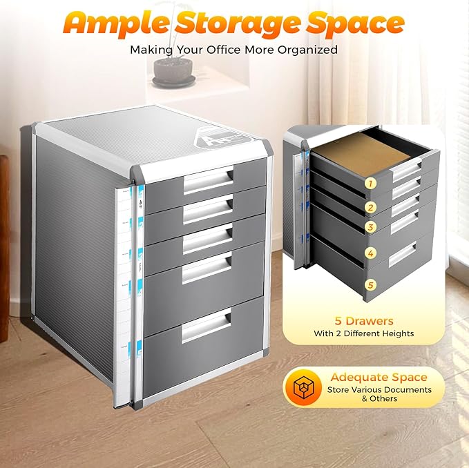 Desk Organizer with 5 Drawers, Metal Desktop Storage Cabinet File Holder with Locks and Keys, Filing Case Literature Organizer for Office Home, L12.4*D13.8*H16in, Silver & Grey