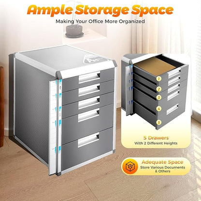 Desk Organizer with 5 Drawers, Metal Desktop Storage Cabinet File Holder with Locks and Keys, Filing Case Literature Organizer for Office Home, L12.4*D13.8*H16in, Silver & Grey
