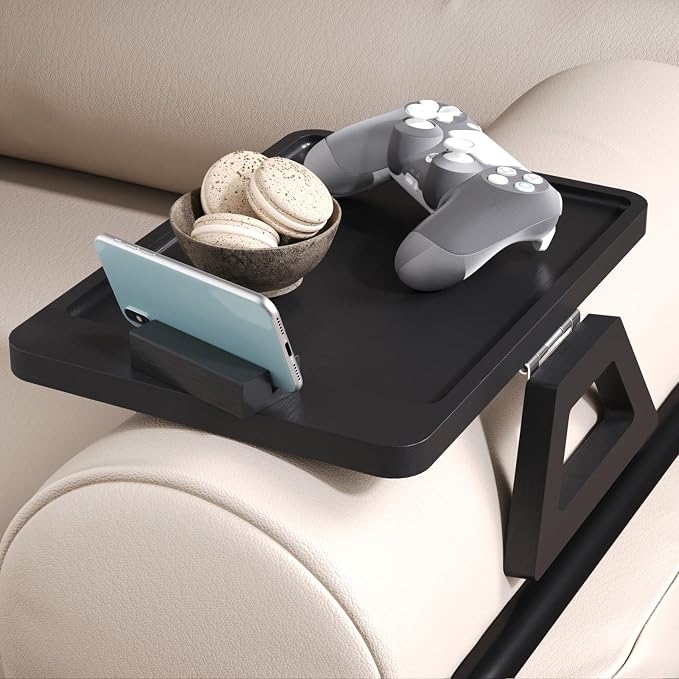 Couch Arm Tray with 360°Phone,Bamboo Folding Sofa Tray,Sofa Armrest Trays Clip-On Couch Desk for Drinks,Snacks,Phone,Remote Control（Black）