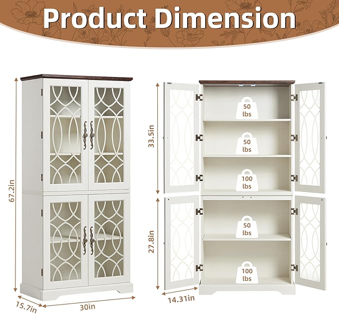 67" Tall Pantry Cabinet Set of 3, Vintage Kitchen Pantries Cabinets with Glass Doors & Adjustable Shelves, Wood Cupboard with Large Storage for Dingning Room, Bathroom, Antique White
