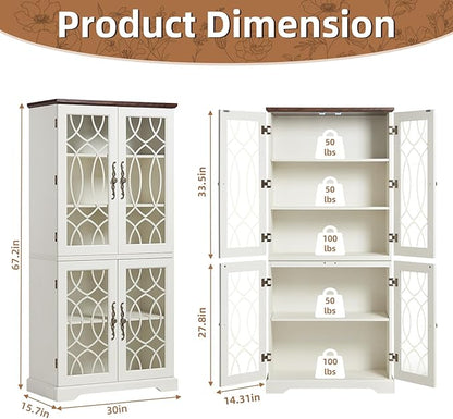 67" Tall Pantry Cabinet Set of 3, Vintage Kitchen Pantries Cabinets with Glass Doors & Adjustable Shelves, Wood Cupboard with Large Storage for Dingning Room, Bathroom, Antique White