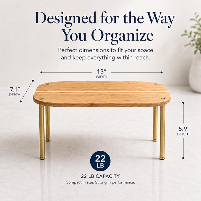 Ibyx Cabinet Organizer Set of 2 - Kitchen Pantry Organizers and Storage with Bamboo Top & Brass-Effect Metal Legs - for Kitchen Counter & Stackable Shelves for Cabinets with 22 lb Capacity - Brown