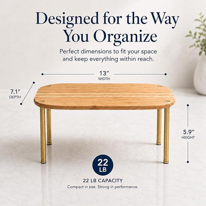 Ibyx Cabinet Organizer Set of 2 - Kitchen Pantry Organizers and Storage with Bamboo Top & Brass-Effect Metal Legs - for Kitchen Counter & Stackable Shelves for Cabinets with 22 lb Capacity - Brown