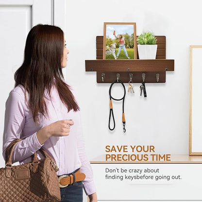 Key Holder for Wall, House Decor Mail Organizer Wall Mounted with Shelf & 5 Hooks for Hanging Dog Leash, Sunglasses, Hats, Rustic Key Rack Apartment Eseentials Wooden Key Hanger