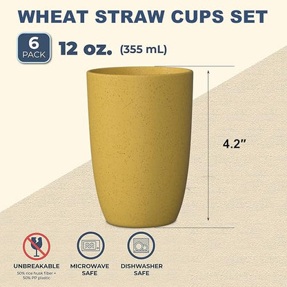 Wrova Wheat Straw Cups 6 PCS Good Alternative to Plastic Reusable Cups 12 oz Unbreakable Drinking Cup Reusable Dishwasher Safe Water Plastic Glasses Yellow
