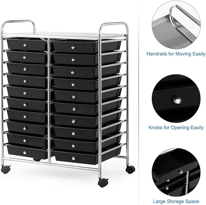 GOFLAME 20-Drawer Rolling Storage Cart, Multifunctional Art Craft Organizer Cart, Mobile Utility Storage Cart with Removable Drawers & Lockable Wheels, Craft Cart for Home Office School, Black