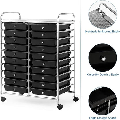 GOFLAME 20-Drawer Rolling Storage Cart, Multifunctional Art Craft Organizer Cart, Mobile Utility Storage Cart with Removable Drawers & Lockable Wheels, Craft Cart for Home Office School, Black