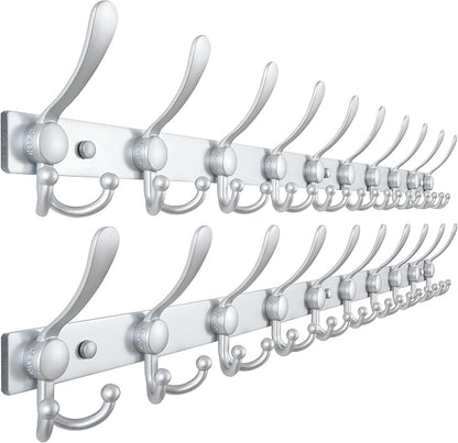 Dseap MaxStrong 2.0 Coat Rack Wall - 37” Long 10 Tri Hooks - Ultra Heavy-Duty Stainless Steel Wall Mount Coat Hanger, Hook Rail for Clothes Hats Jacket Towels Silver, Pack of 2