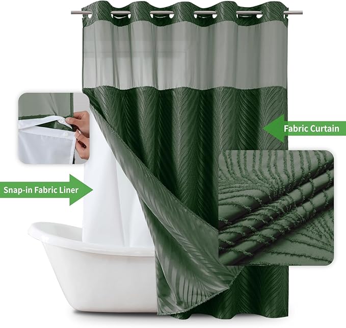 No Hook Shower Curtain and Liner Set,No Hook Tufted Striped Textured Shower Curtain with Snap in Liner Replacement and Waterproof Fabric,Boho Style with See Through Top Window,DarkGreen,71Wx80H