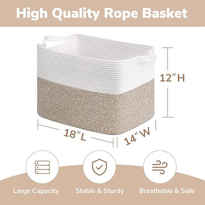 Goodpick Woven Baskets for Organizing, 18" x 14" x 12" Blanket Storage for Living Room Home Decor, Rectangle Toy Storage Basket for Kids, Large Gift Baskets Empty, White & Brown