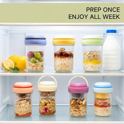 Overnight Oats Containers with Handles & Lids – 16oz Glass Mason Jars with Spoons & Fruit Compartments, Chia Pudding Jars with Lids, 2 Sets (Cream, Yellow)