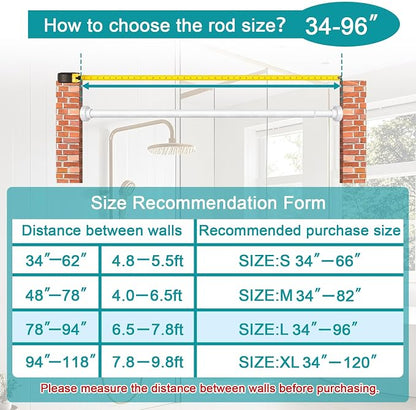YNL Tension Shower Curtain Rod 34-96 Inches（2.8-8ft) Adjustable Spring Shower Rod No Drilling, Non-Slip, Never Rust, Stainless Steel, Suitable for Bathroom Window Kitchen,White